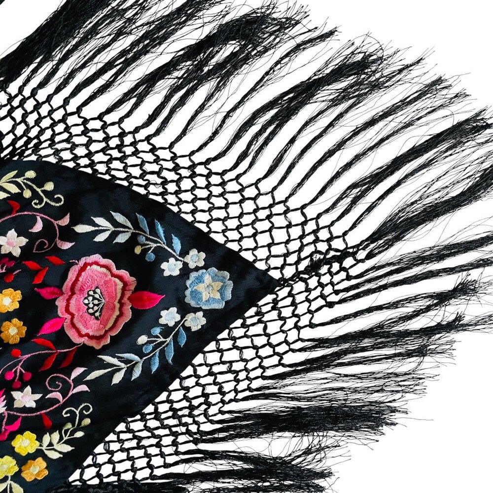 Black + Colorful Floral Embroidered Vintage Halter Top w/ Fringe Fairy Whimsey - Picture 6 of 7